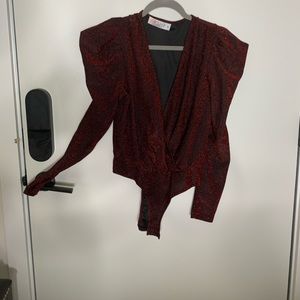 Dark Red Shimmery V Neck Bodysuit